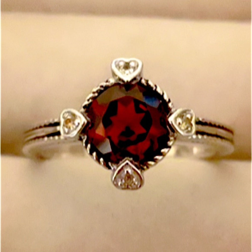 14K White Gold Plated 925 Sterling Silver Genuine Garnet Ring